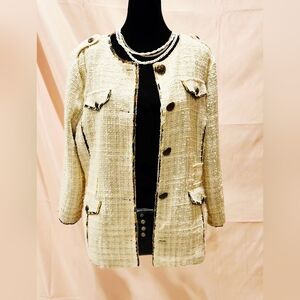 Just B Size 10 Tweed Blazer Jacket Leopard Animal Print Trim Gold Button